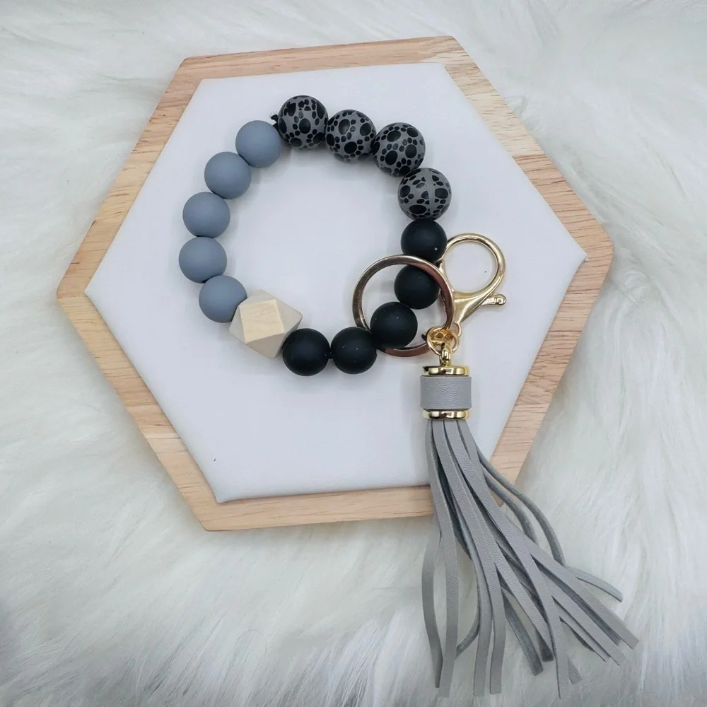 Paw Print Gray & Black Beaded Bracelet w/ Keychain & Tassel